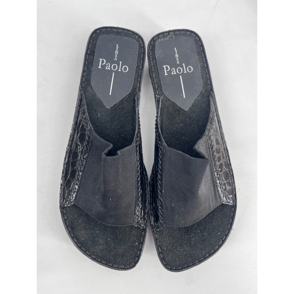 Linea Paolo Ruben Black Turtle Croco Leather Slide Sandals Womens 6.5 M Tuscan